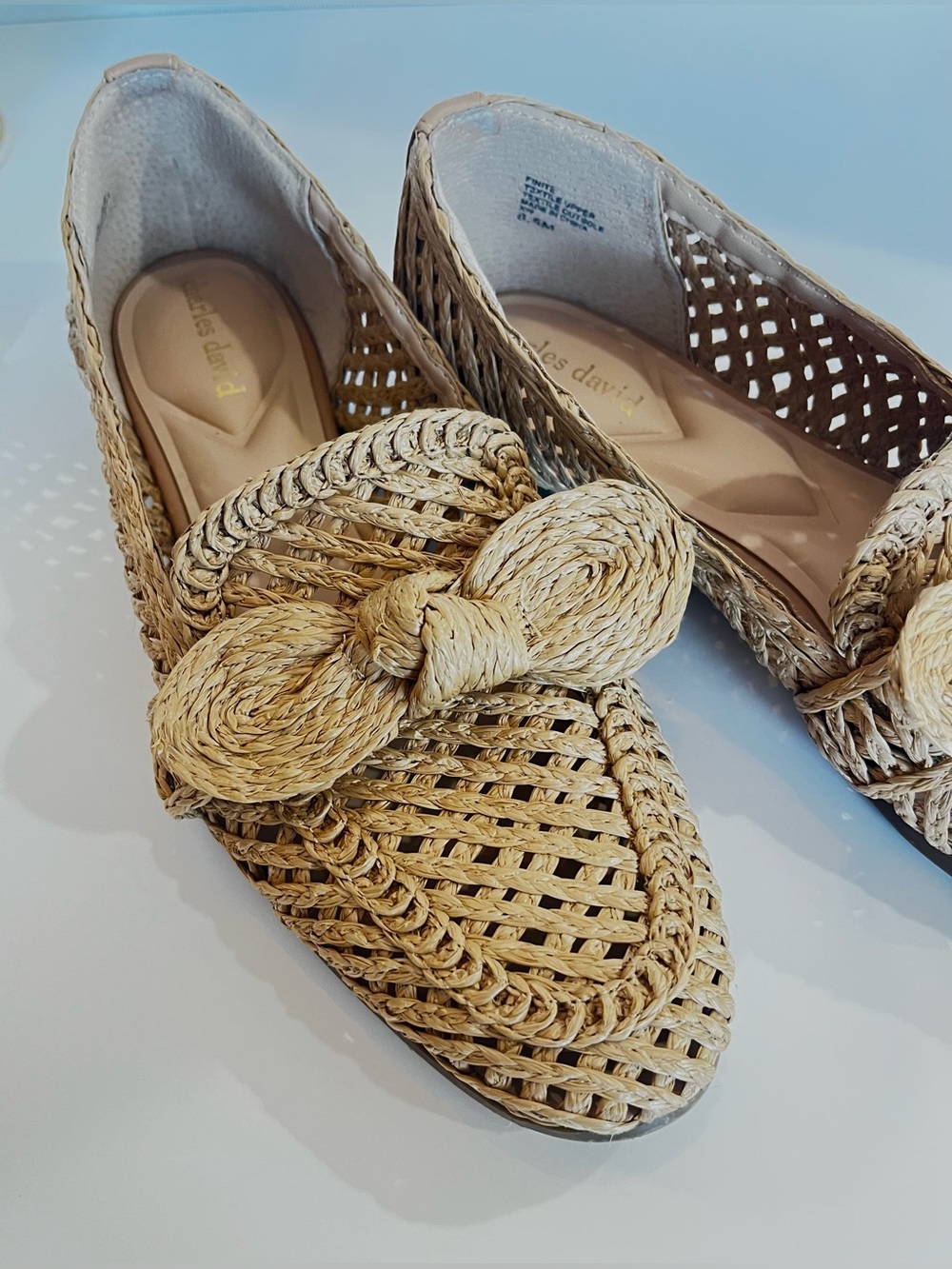 CHARLES DAVID Loafers Finite Raffia Woven Flats w Bow Tan/Beige Size 8.5 Medium